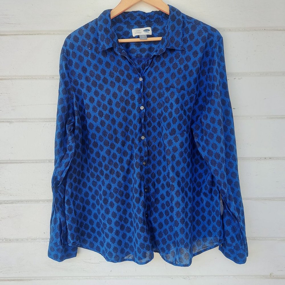 Black and Blue Geometric Pattern Button Up Long Sleeve Shirt Size XXL